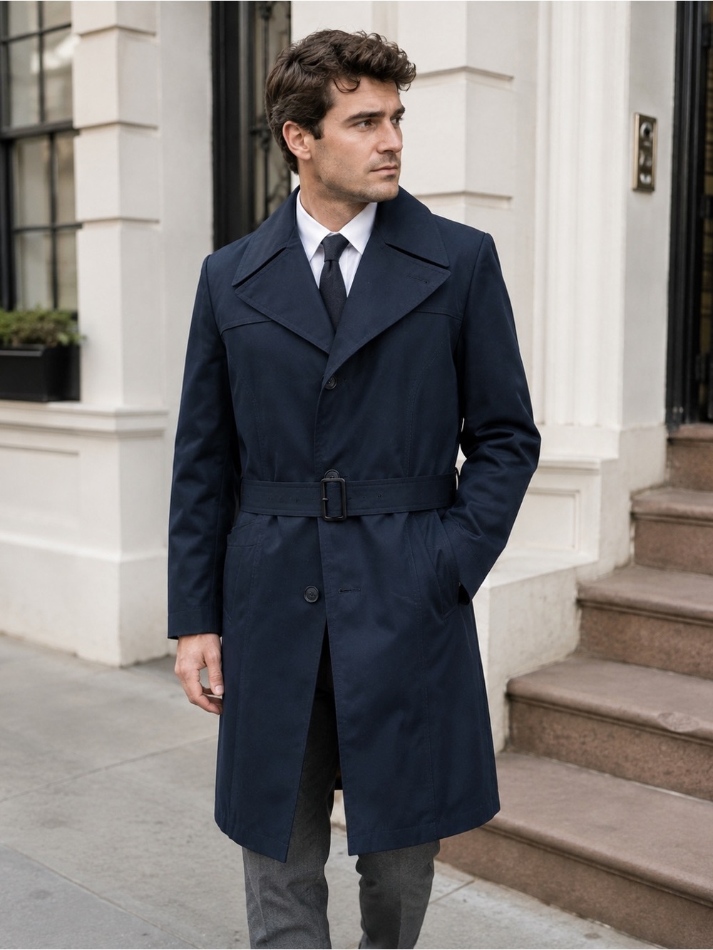 Vintage Men’s Navy Trench Walking Coat 38R Zip Out Liner Mid Century Overcoat